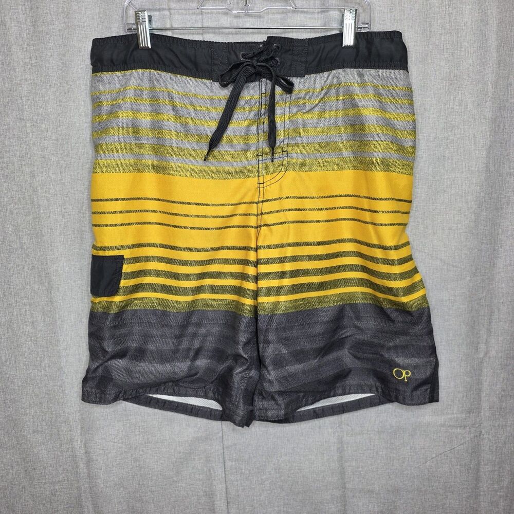 Op Ocean Pacific Mens Board Shorts Size L Yellow Gray Striped Swim Trunks Lined